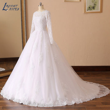 Runhufu NICEB Long Sleeves Wedding Dresses Luxury Ball Gowns Robe De Mariee Appliques Lace Beading Bride Illusion Vestidos Novia
